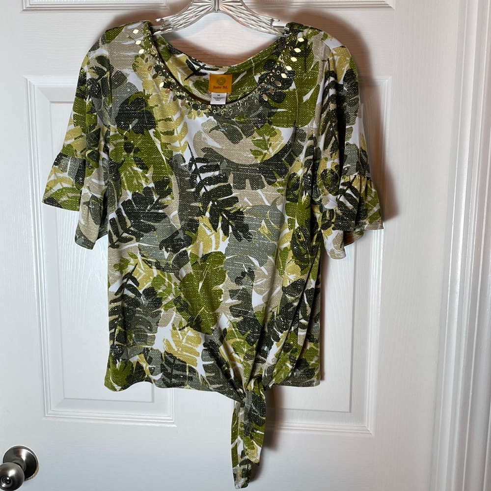 Ruby Rd Green Flush Floral Top Blouse Scoop Neck embellished Flutter Sleeves M